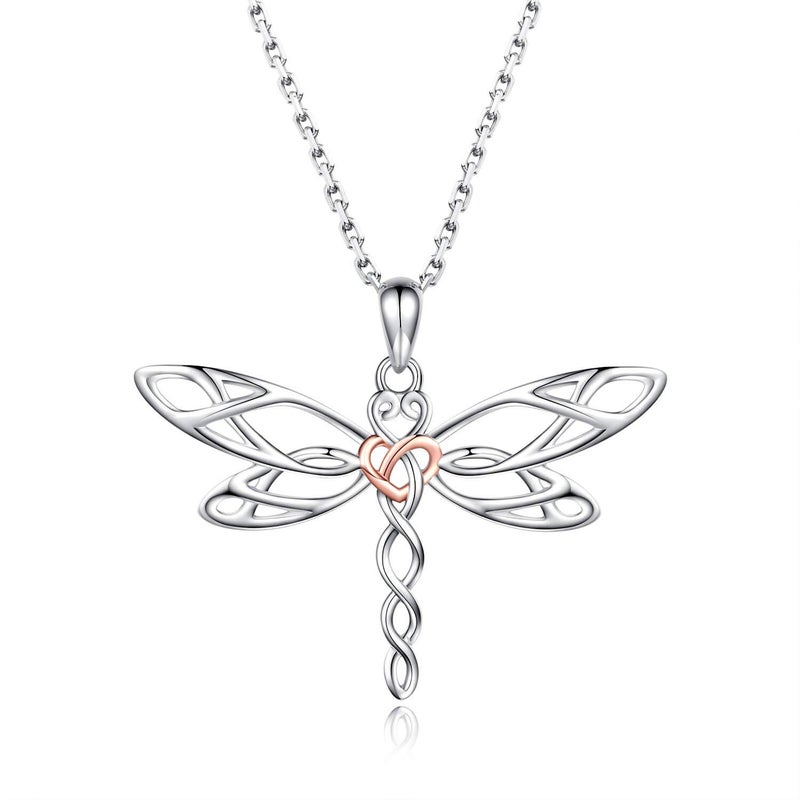 MANBU Sterling Silver Dragonfly Necklace Bracelet for Women Celtic Infinity Dragonfly Pendant Christmas Jewelry Gifts for Nature Lovers (rosegold heart) - Image 1